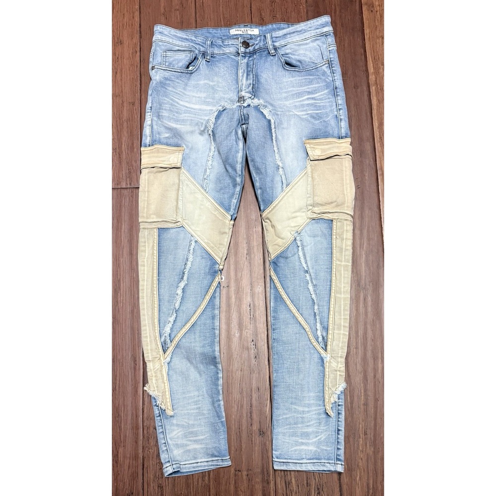 Reelistik NYC Jeans Mens 34 Y2K Cargo Patchwork Distressed Light Wash Streetwear